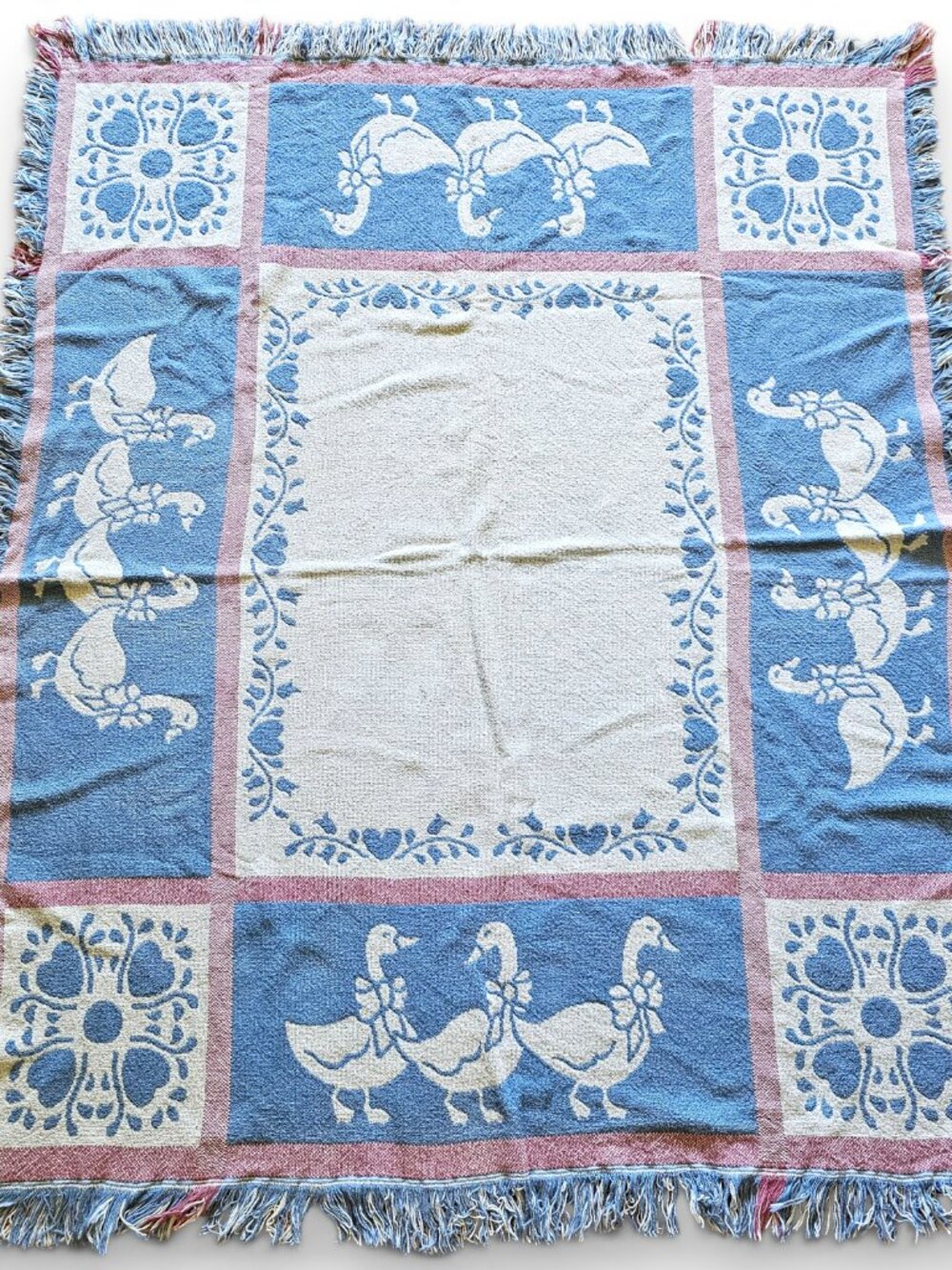 Vintage Goose Woven Tapestry Throw Blanket Reversible Fringe Trim Hearts 47x57
